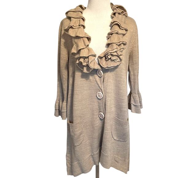 Nick & Mo Ruffled Button Cardigan Womens Large Tan Boho Feminine Topper Sweater - Picture 1 of 8